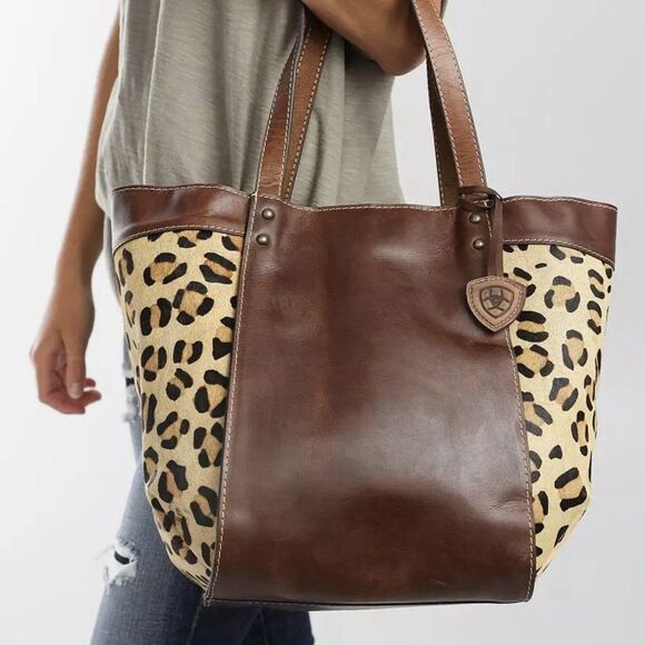 Ariat Bristol Structured Tote Bag Brown Leather Leopard Print Calf Hair Purse - Picture 1 of 15